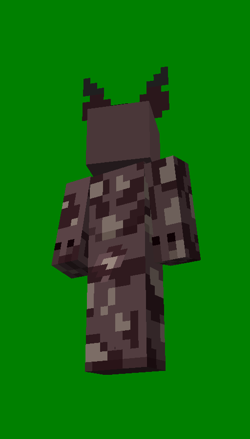 A very fat demon dog turned into a back-facing Minecraft skin. He's an African wild dog with brown fur patched with cream and darker brown. He has red eyes, grey horns, ears, and a muzzle.