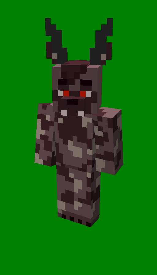 A very fat demon dog turned into a front-facing Minecraft skin. He's an African wild dog with brown fur patched with cream and darker brown. He has red eyes, grey horns, ears, and a muzzle.