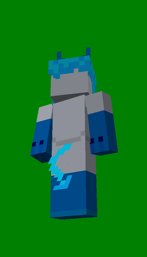 A very fat demon goat guy turned into a back-facing Minecraft skin. He has white fur, blue hair, blue arms, and blue legs. He also has blue horns and a muzzle.