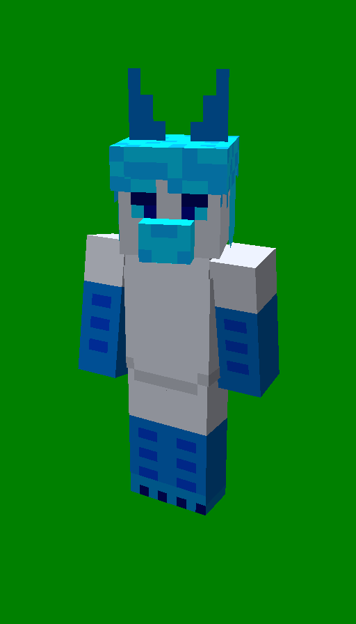 A very fat demon goat guy turned into a front-facing Minecraft skin. He has white fur, blue hair, blue arms, and blue legs. He also has blue horns and a muzzle.