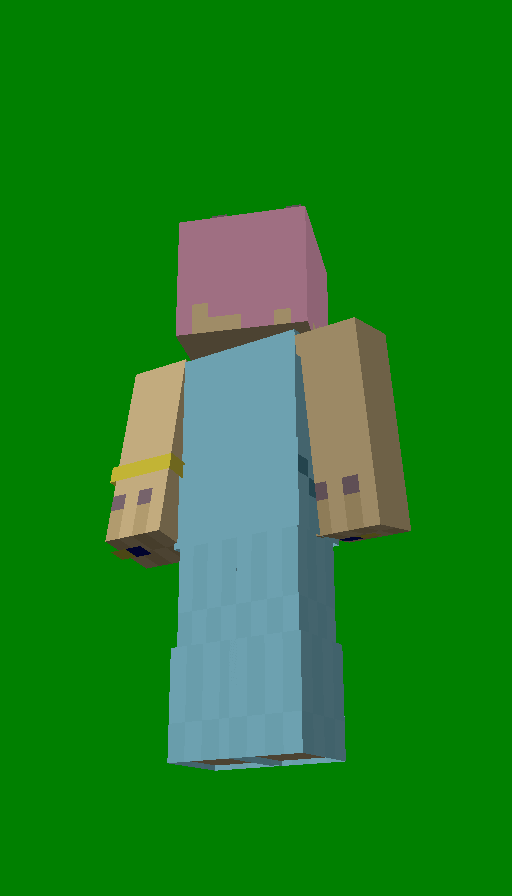 A very fat dragon lady turned into a back-facing Minecraft skin. She is yellow and pink, and wearing a blue, floor-length dress. Her body is adorned with gold jewelry. She has purple horns and a short snout.