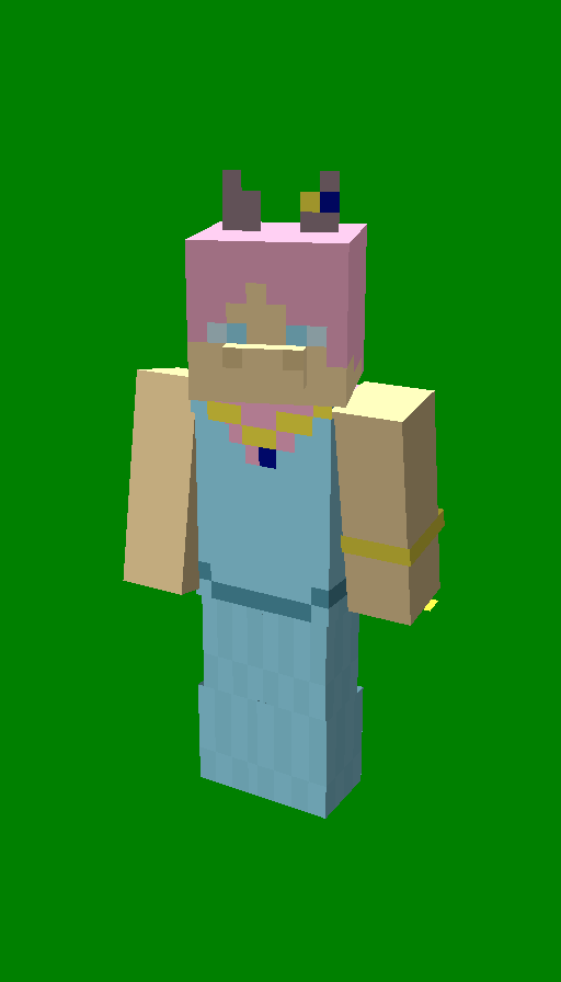 A very fat dragon lady turned into a front-facing Minecraft skin. She is yellow and pink, and wearing a blue, floor-length dress. Her body is adorned with gold jewelry. She has purple horns and a short snout.