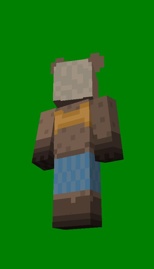 A very fat hyena lady turned into a back-facing Minecraft skin. She is mostly varying shades of brown with greying-cream hair, and wearing an orange top and blue, midi-skirt. She has a muzzle and ears. Her ears are pierced.