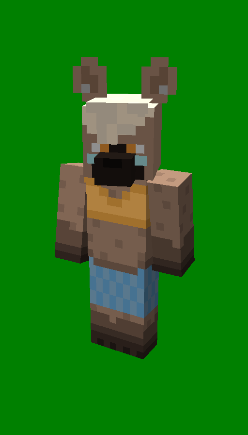 A very fat hyena lady turned into a front-facing Minecraft skin. She is mostly varying shades of brown with greying-cream hair, and wearing an orange top and blue, midi-skirt. She has a muzzle and ears. Her ears are pierced.