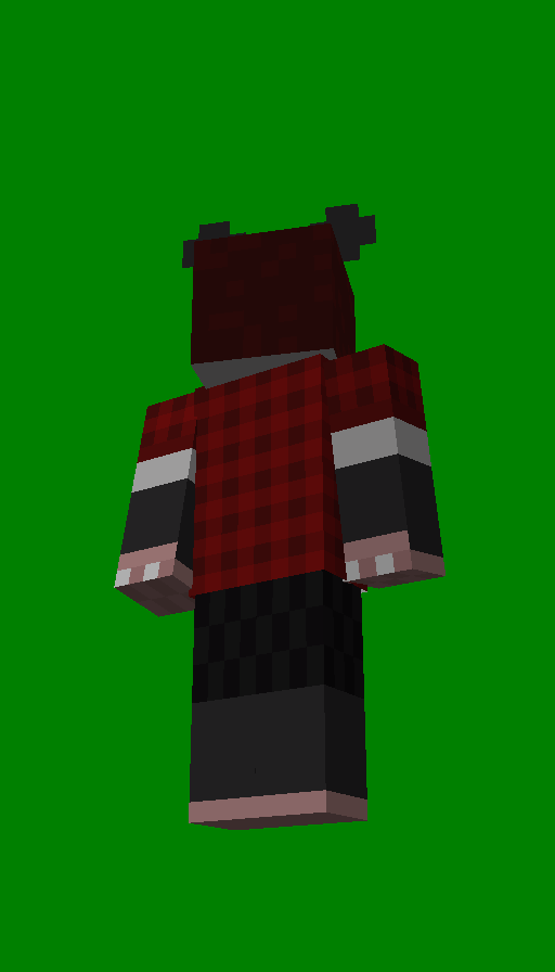 A very fat opossum lady turned into a back-facing Minecraft skin. She has grey fur and reddish-brown hair, and is wearing an open, red flannel and black midi-skirt. She has a muzzle and ears.