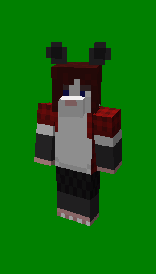A very fat opossum lady turned into a front-facing Minecraft skin. She has grey fur and reddish-brown hair, and is wearing an open, red flannel and black midi-skirt. She has a muzzle and ears.