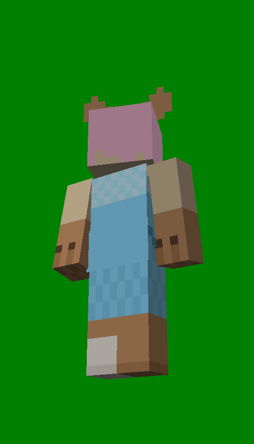 A very fat raccoon cat lady turned into a back-facing Minecraft skin. She is mostly light-brown and cream, and wearing a blue, midi-dress. She has a little muzzle and ears.