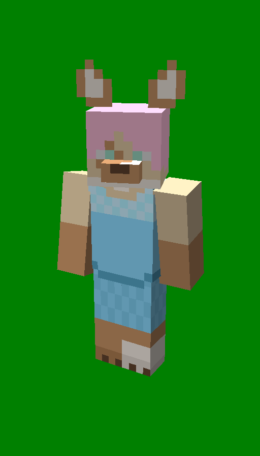 A very fat raccoon cat lady turned into a front-facing Minecraft skin. She is mostly light-brown and cream, and wearing a blue, midi-dress. She has a little muzzle and ears.